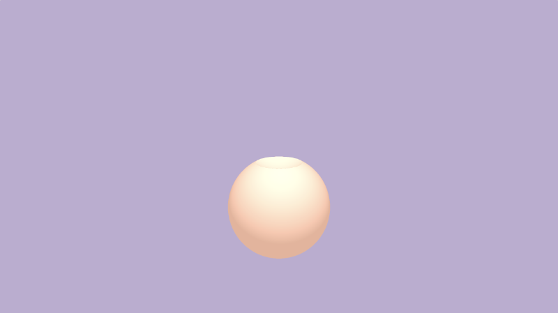 Shadertoy canvas with a bright purple background. The result of the top sphere being subtracted from the bottom sphere is drawn to the canvas. It is colored white with an orange tint.