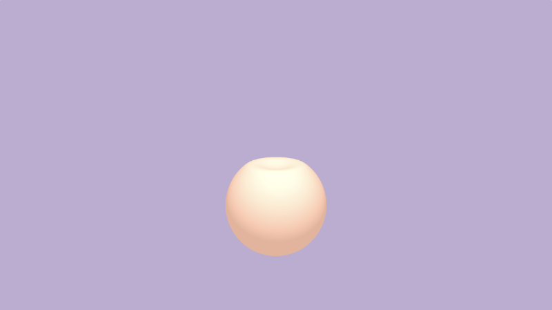 Shadertoy canvas with a bright purple background. The result of the top sphere being subtracted from the bottom sphere is drawn to the canvas. It is colored white with an orange tint. The top of the sphere is a bit smoothed out.
