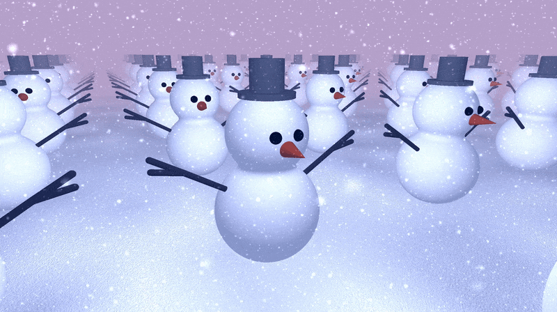 Shadertoy canvas with multiple snowman wiggling on top of snow in an amazing winter scene. The sky is a light purple and purple fog blends in with the background giving the 3D scene a sense of depth. Snow is falling all around the snowmen.