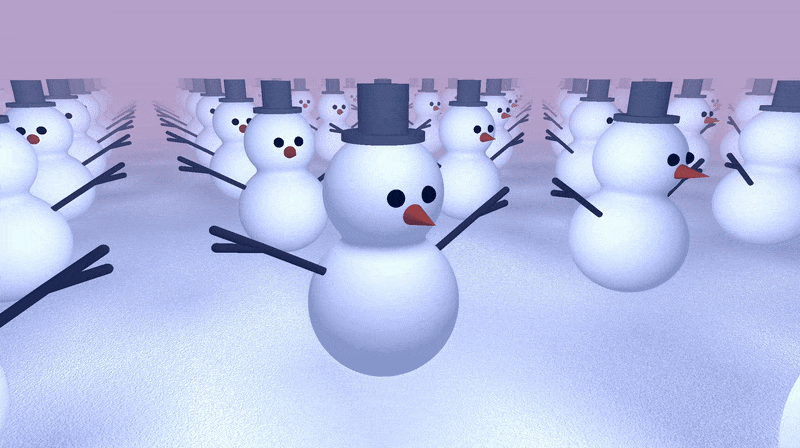 Shadertoy canvas with multiple snowman wiggling on top of snow in an amazing winter scene. The sky is a light purple and purple fog blends in with the background giving the 3D scene a sense of depth.