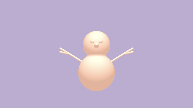 Shadertoy canvas with a bright purple background. A snowman with a tint of orange is drawn in the center of the canvas. Two small spheres are drawn for its eyes. A cone is drawn for its nose. A left and right arm made out of three capsule shapes to resemble tree branches are