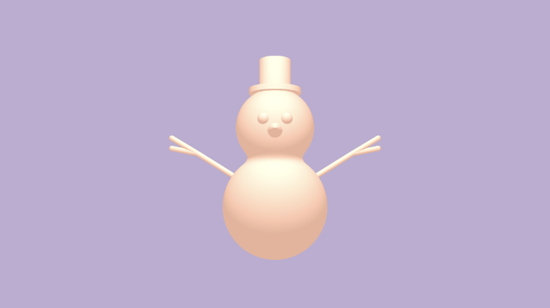 Shadertoy canvas with a bright purple background. A snowman with a tint of orange is drawn in the center of the canvas. It has has two spheres for eyes, a cone for a nose, two arms that are shaped like tree branches, and a top hat made out of a thin cylinder (bottom) and thick