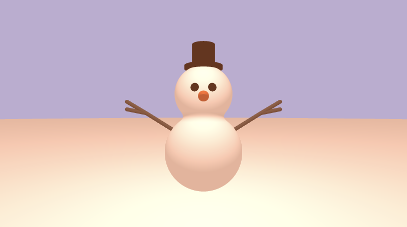 Shadertoy canvas with a bright purple background. A snowman with a tint of orange is drawn in the center of the canvas. It has has two black spheres for eyes, an orange cone for a nose, two brown arms that are shaped like tree branches, and a dark brown top hat made out of a