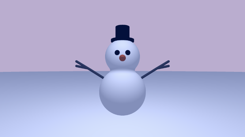 Shadertoy canvas with a bright purple background. A snowman with a tint of blue is drawn in the center of the canvas. It has has two black spheres for eyes, a dark orange cone for a nose, two black arms that are shaped like tree branches, and a black brown top hat made out of