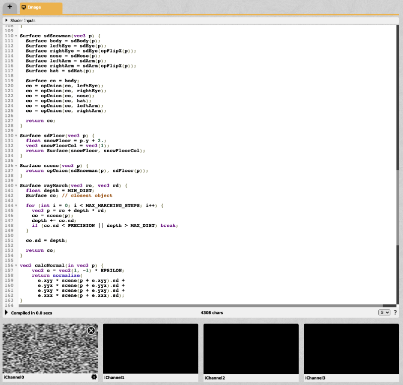 Screenshot of part of the Shadertoy user interface showing four black boxes underneath the text area to write code. The boxes are labelled in order: iChannel0, iChannel1, iChannel2, and iChannel3. After selecting the Gray Noise Small texture, it will appear in the box for