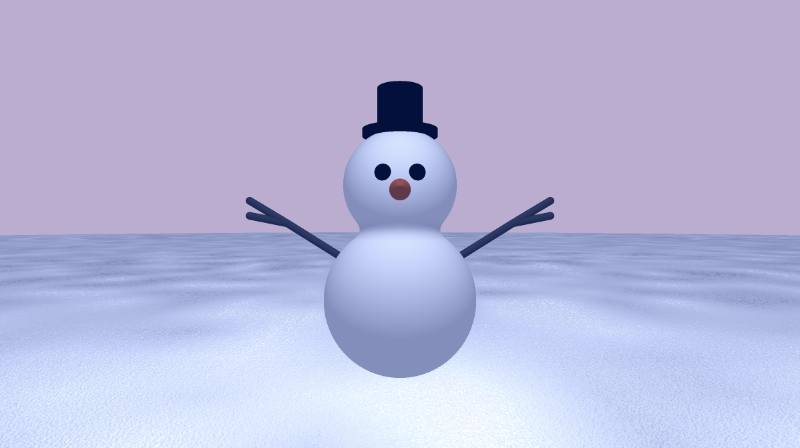 Shadertoy canvas with a bright purple background. A snowman with a tint of blue is drawn in the center of the canvas. It has has two black spheres for eyes, a dark orange cone for a nose, two black arms that are shaped like tree branches, and a black brown top hat made out of