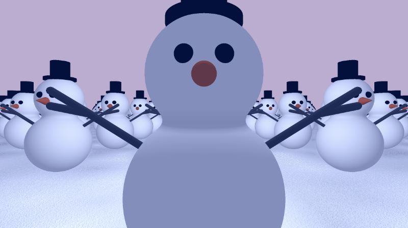 Shadertoy canvas with a bright purple background. A group of snowmen appear in the scene. They are sitting on an textured floor that resembles snow. One snowman appears large as if it's blocking the camera.