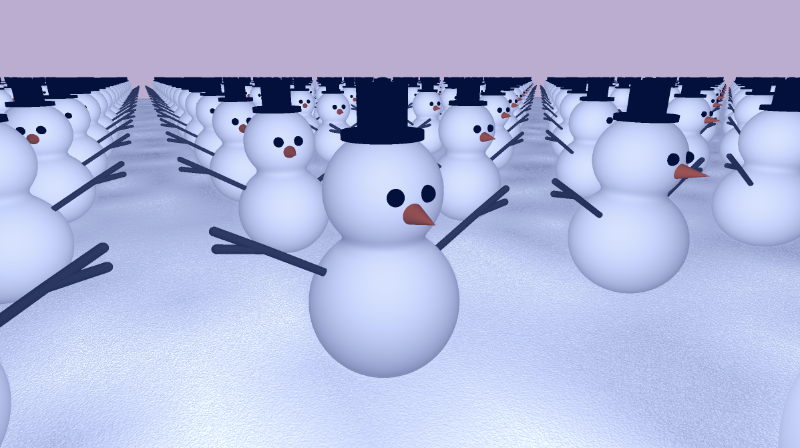 Shadertoy canvas with a bright purple background. A group of snowmen appear in the scene. They are sitting on an textured floor that resembles snow. The scene is now tilted. The snowmen are no longer facing the viewer and are pointing in different directions. The snowman in
