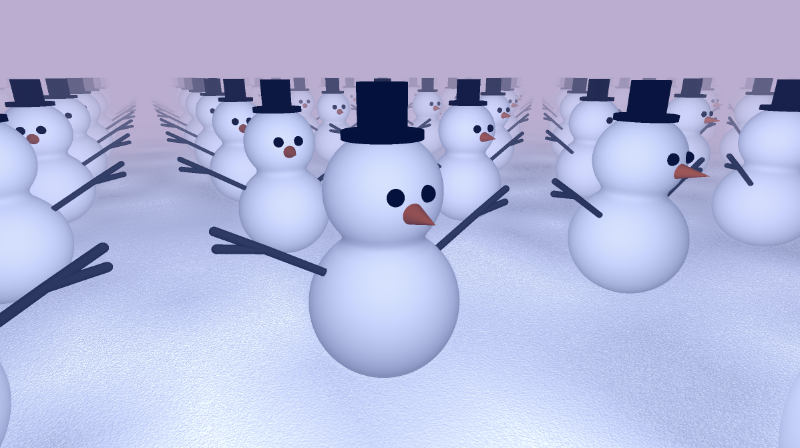 Shadertoy canvas with a bright purple background and fog that blends in with the background. A group of snowmen appear in the scene. They are sitting on an textured floor that resembles snow. The scene is now tilted. The snowmen are no longer facing the viewer and are pointing