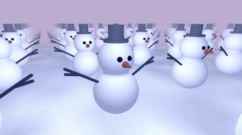 Shadertoy canvas with a bright purple background and fog that blends in with the background. A group of snowmen appear in the scene. They are sitting on an textured floor that resembles snow. The scene is now tilted. The snowmen are no longer facing the viewer and are pointing