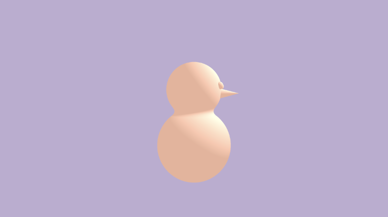 Shadertoy canvas with a bright purple background. A snowman with a tint of orange is drawn in the center of the canvas. Two small spheres are drawn for its eyes. A cone is drawn for its nose. The camera is rotated such that its facing to the right instead of toward the viewer.