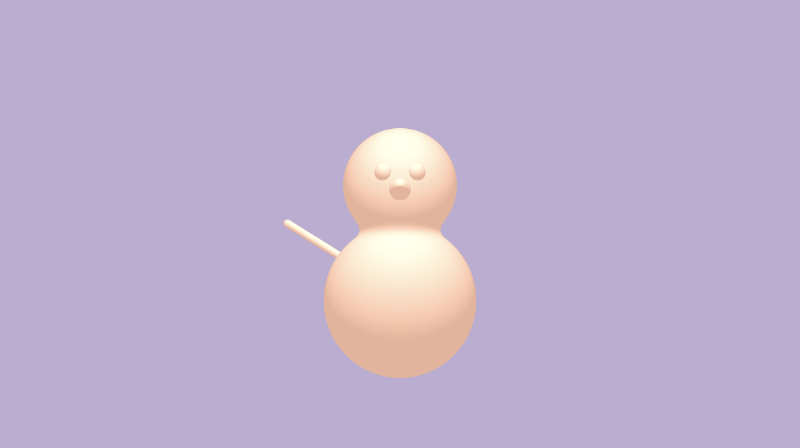 Shadertoy canvas with a bright purple background. A snowman with a tint of orange is drawn in the center of the canvas. Two small spheres are drawn for its eyes. A cone is drawn for its nose. A left arm made out of a capsule shape is drawn.