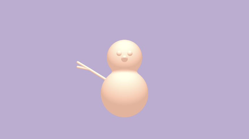 Shadertoy canvas with a bright purple background. A snowman with a tint of orange is drawn in the center of the canvas. Two small spheres are drawn for its eyes. A cone is drawn for its nose. A left arm made out of three capsule shapes to resemble a tree branch is drawn.