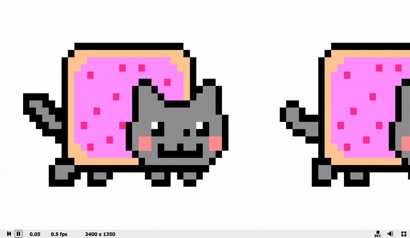 Animation of Nyan Cats moving to the right, but they stop appearing on the screen after a few seconds. The background behind the Nyan Cats is white.