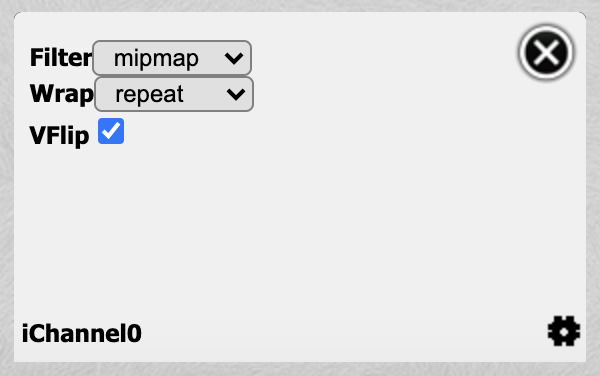 iChannel0 settings. Filter is currently set to mipmap. Wrap is currently set to repeat. The checkbox next to VFlip is checked.