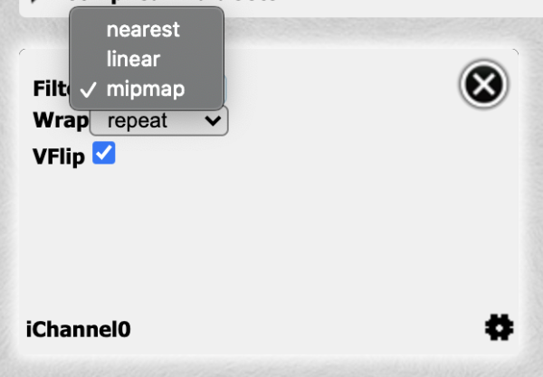iChannel0 settings. After clicking on mipmap, a menu appears with three options: nearest, linear, and mipmap.