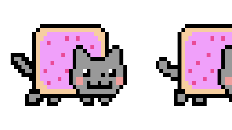 One and a half Nyan Cats are visible and are no longer squished. The background behind the Nyan Cats is white.