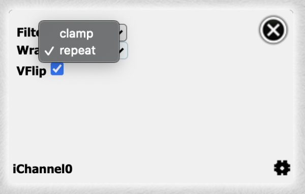 iChannel0 settings. After clicking on repeat, a menu appears with two options: clamp and repeat.