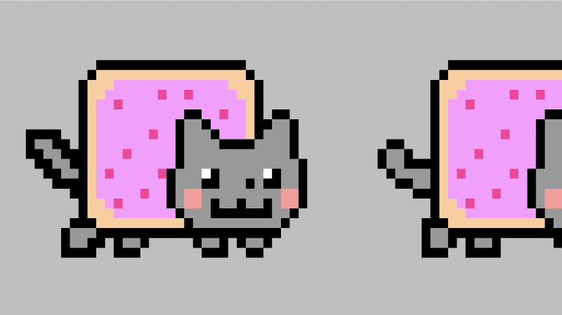 One and a half Nyan Cats are visible and are no longer squished. The background is now gray instead of white.