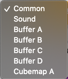 Menu that appears after hitting the plus sign on the tab to the left of the Image tab on the Shadertoy user interface. The menu lists seven items: Common, Sound, Buffer A, Buffer B, Buffer C, Buffer D, and Cubemap A.