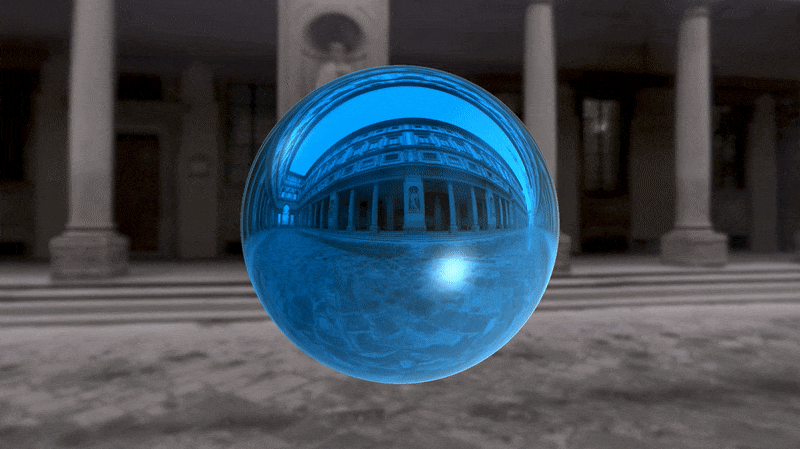 A shadertoy canvas depicting a blue shiny metallic-looking sphere in front of the Uffizi Gallery background. The sphere is mirror-like and parts of the Uffizi Gallery cubemap is visible on the sphere.