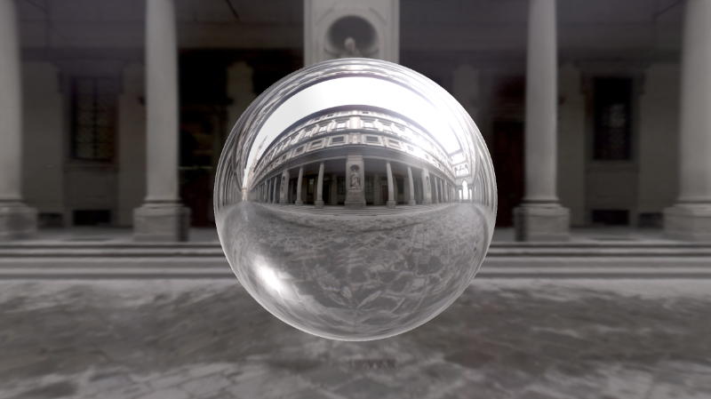 A shadertoy canvas depicting a shiny metallic-looking sphere in front of the Uffizi Gallery background. The sphere is mirror-like and parts of the Uffizi Gallery cubemap is visible on the sphere.